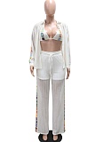 White Knitted Color Matching Sexy Perspective Hollow Three-Piece Suit Casual Beach Style