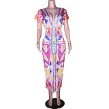 Ethnic Style V-neck Tight Slit Positioning Pleated Dressen