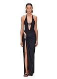 Sexy Solid Color Halter Neck Jumpsuit Long Slit Skirt Swim Suit