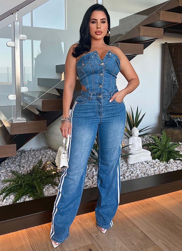 Blue Strapless Slim Straight Wide-Leg Denim Jumpsuit