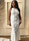White Fashion Sexy Sleeveless Lace-Up Backless Solid Color Long Dress For Women