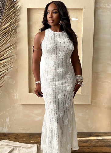 White Fashion Sexy Sleeveless Lace-Up Backless Solid Color Long Dress For Women