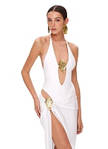 Sexy Solid Color Halter Neck Jumpsuit Long Slit Skirt Swim Suit