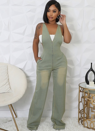 Light Yellow Suspender Slim-Fit Stretch Wide-Leg Denim Jumpsuit