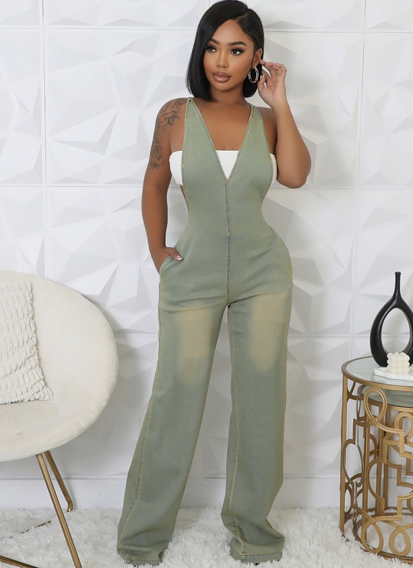 Light Yellow Suspender Slim-Fit Stretch Wide-Leg Denim Jumpsuit