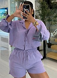 Solid Color Striped Long-Sleeved Shirt And Shorts Two-Piece Set