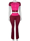 Summer Stitching Contrast Color Round Neck Short Sleeve High Waist Pants Two Piece Suit For Women