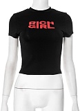 Black Short Slim Sexy Round Neck Letter Print Short Sleeve T-Shirt Top