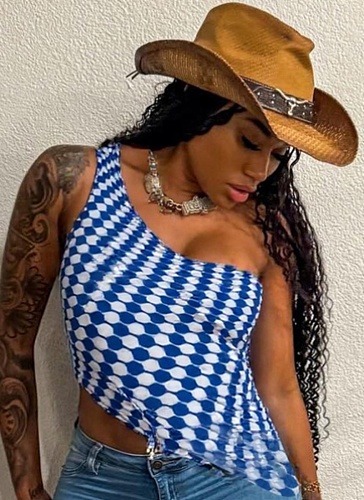 Blue Summer Women'S Sexy Navel-Baring One-Shoulder Halter Neck Asymmetrical Vest T-Shirt