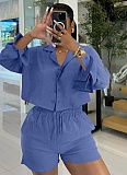 Solid Color Striped Long-Sleeved Shirt And Shorts Two-Piece Set