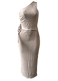 Summer New Cute Casual Drawstring Vest Solid Color Long Skirt Two Piece Set