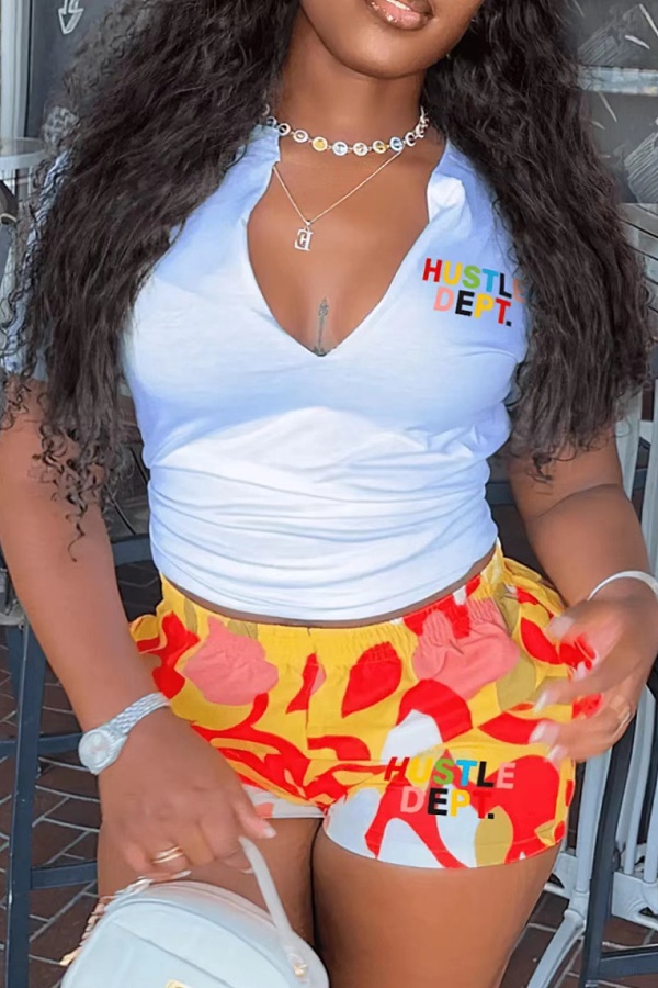 Fashion V-neck Letter Print T-shirt Shorts Set