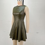 New Round Neck Sleeveless Waist A-line Short Skirt Vest Dress