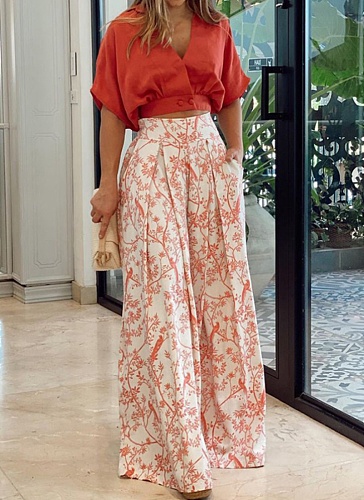 Fashion Casual Shirt Top V-neck Printed Wide-leg Pants Suit