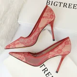 Sexy Slim Shallow Mouth Pointed Mesh Hollow Lace Stiletto Heels