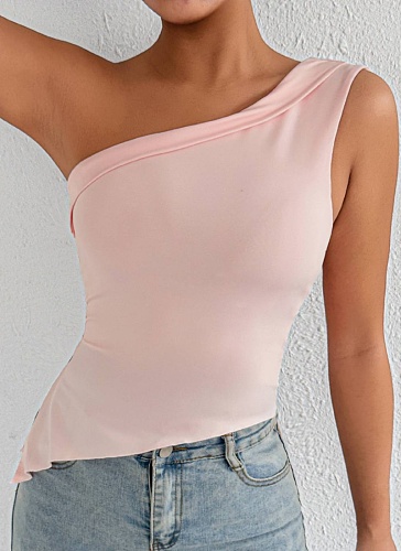 Light Pink Summer Oblique Collar One-Shoulder Women'S Top With Side Slits Solid Color Vest