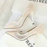 Sexy Slim Shallow Mouth Pointed Mesh Hollow Lace Stiletto Heels