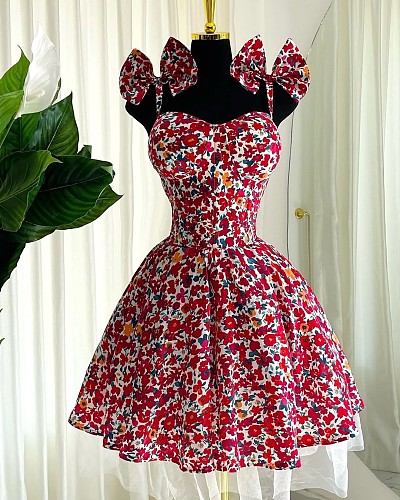 Elegant Floral Sling Bow High Waist Slim A-line Dress