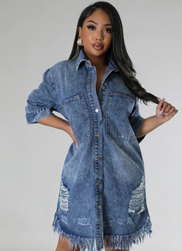 Blue New Denim Ripped Tassel Short Sleeve Lapel Dress For Women