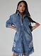 Blue New Denim Ripped Tassel Short Sleeve Lapel Dress For Women