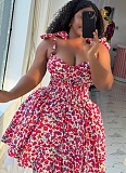 Elegant Floral Sling Bow High Waist Slim A-line Dress