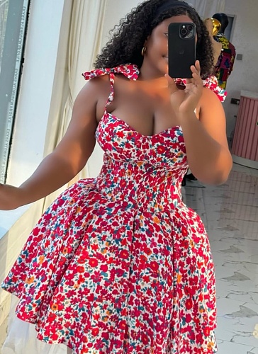 Elegant Floral Sling Bow High Waist Slim A-line Dress