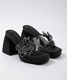 Fashion Transparent Butterfly Rhinestone Thick Bottom Block Heel High Heel Sandals