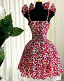 Elegant Floral Sling Bow High Waist Slim A-line Dress
