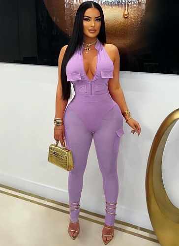 Deep V Neck Sleeveless Bodysuit Pocket Mesh Gauze Long Pants Women's Two-Piece Set