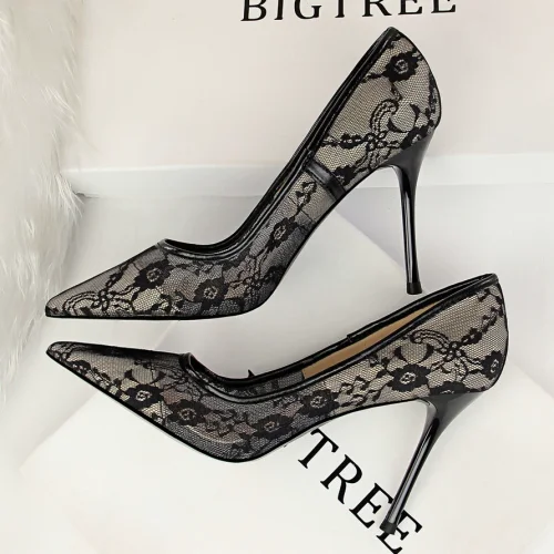Sexy Slim Shallow Mouth Pointed Mesh Hollow Lace Stiletto Heels