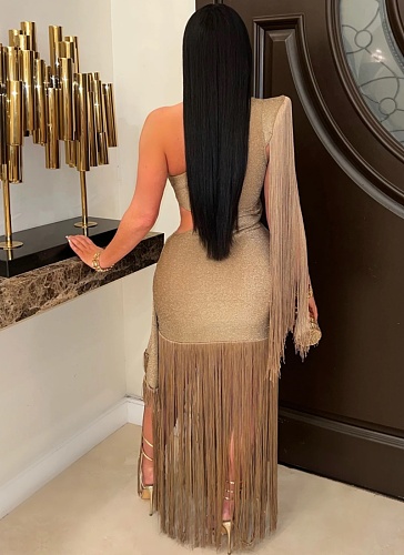 2025 New Asymmetric One-Shoulder Hollow Tassel Dress For Women