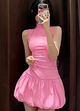 Solid Color Fashionable Sleeveless Stitching Backless Flower Bud Dress