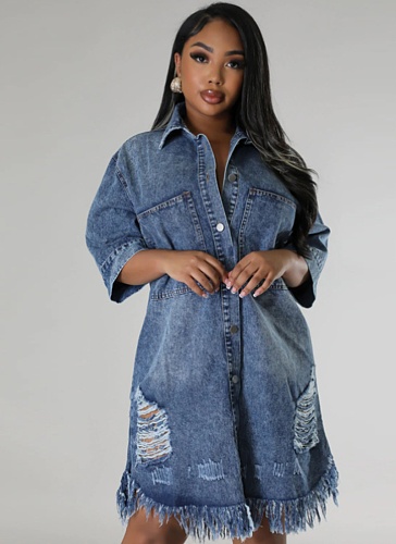 Blue New Denim Ripped Tassel Short Sleeve Lapel Dress For Women