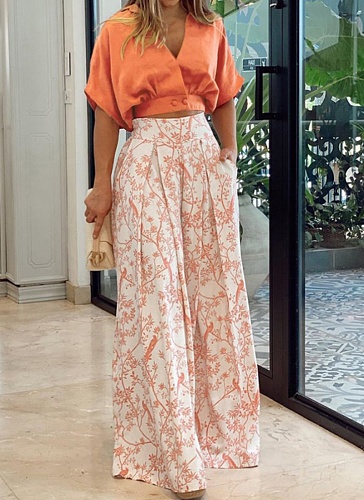 Fashion Casual Shirt Top V-neck Printed Wide-leg Pants Suit