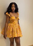 New Style Elegant Square Neck Printed High Waist A-line Irregular Short Dress
