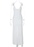 Suspender V-Neck Sexy Mesh Yarn Splicing Pleated Slim Dress For Women