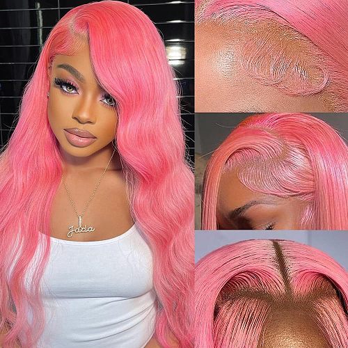Women'S Front Lace Synthetic Wigs Pink Long Curly Hair Big Wave