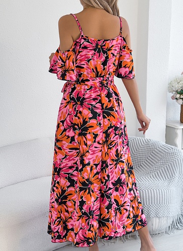 Women's Off Shoulder Crossover V Neck Floral Print Resort Dress