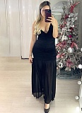 Suspender V-Neck Sexy Mesh Yarn Splicing Pleated Slim Dress For Women