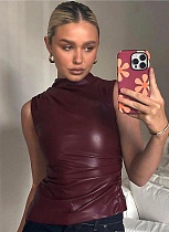New PU Sleeveless Tight Pleated Top For Women