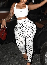 White Sexy Slim Vest Trousers Fashionable Moon Print Two-Piece Suit