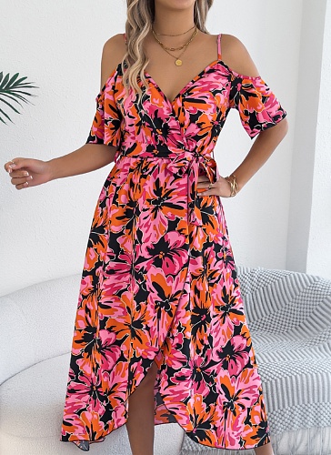 Women's Off Shoulder Crossover V Neck Floral Print Resort Dress