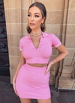 Summer Sexy Knitted Belly-baring Top Short-sleeved Skirt Two-piece Set