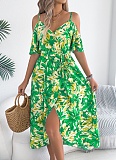 Women's Off Shoulder Crossover V Neck Floral Print Resort Dress