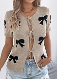 Spring And Summer Casual Sexy Contrast Color Bow Tie Sweater Holiday Cardigan
