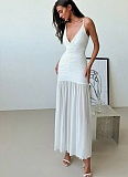 Suspender V-Neck Sexy Mesh Yarn Splicing Pleated Slim Dress For Women