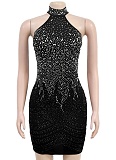 Black Fashion Rhinestone Sleeveless Backless Sexy Hip-Wrapped Dress For Women