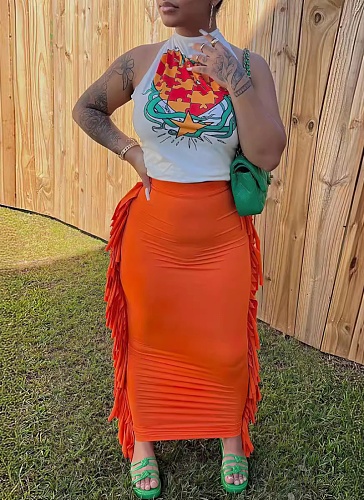 Fashionable Contrast Color Vest Tassel Skirt Two-piece Suit