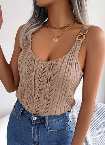 Casual Metal Button V-Neck Hollow Top Holiday Sweater