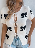 Spring And Summer Casual Sexy Contrast Color Bow Tie Sweater Holiday Cardigan